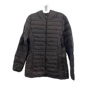 Manguun Brown Womens Hooded Duck Down Quilted Coat, Size 38, Polyester, Preowned